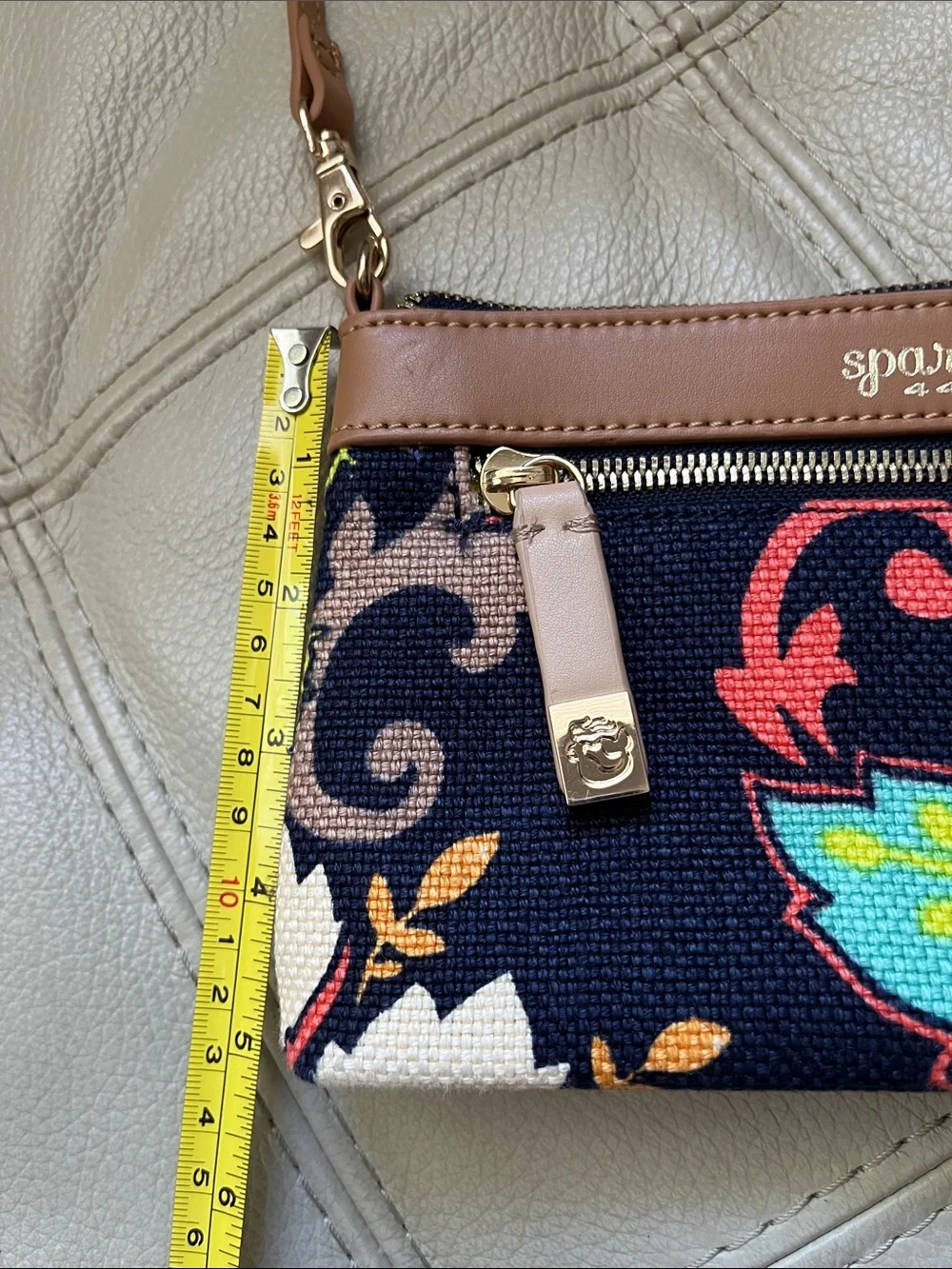 Spartina 449 Navy Floral Mini Purse with Tan Trim, Linen and Leather.